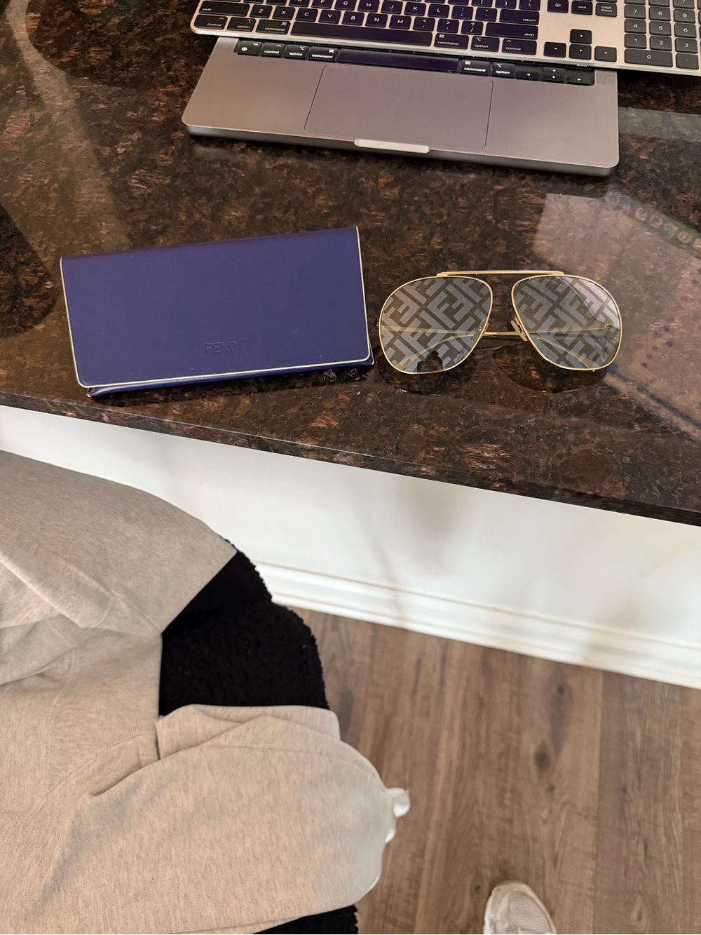 Fendi Gold Frame Sunglasses with Monogram Lenses and Purple Case